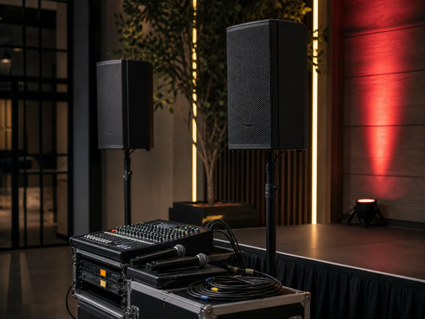 Two loudspeakers, a mixing console and microphones beside a stage