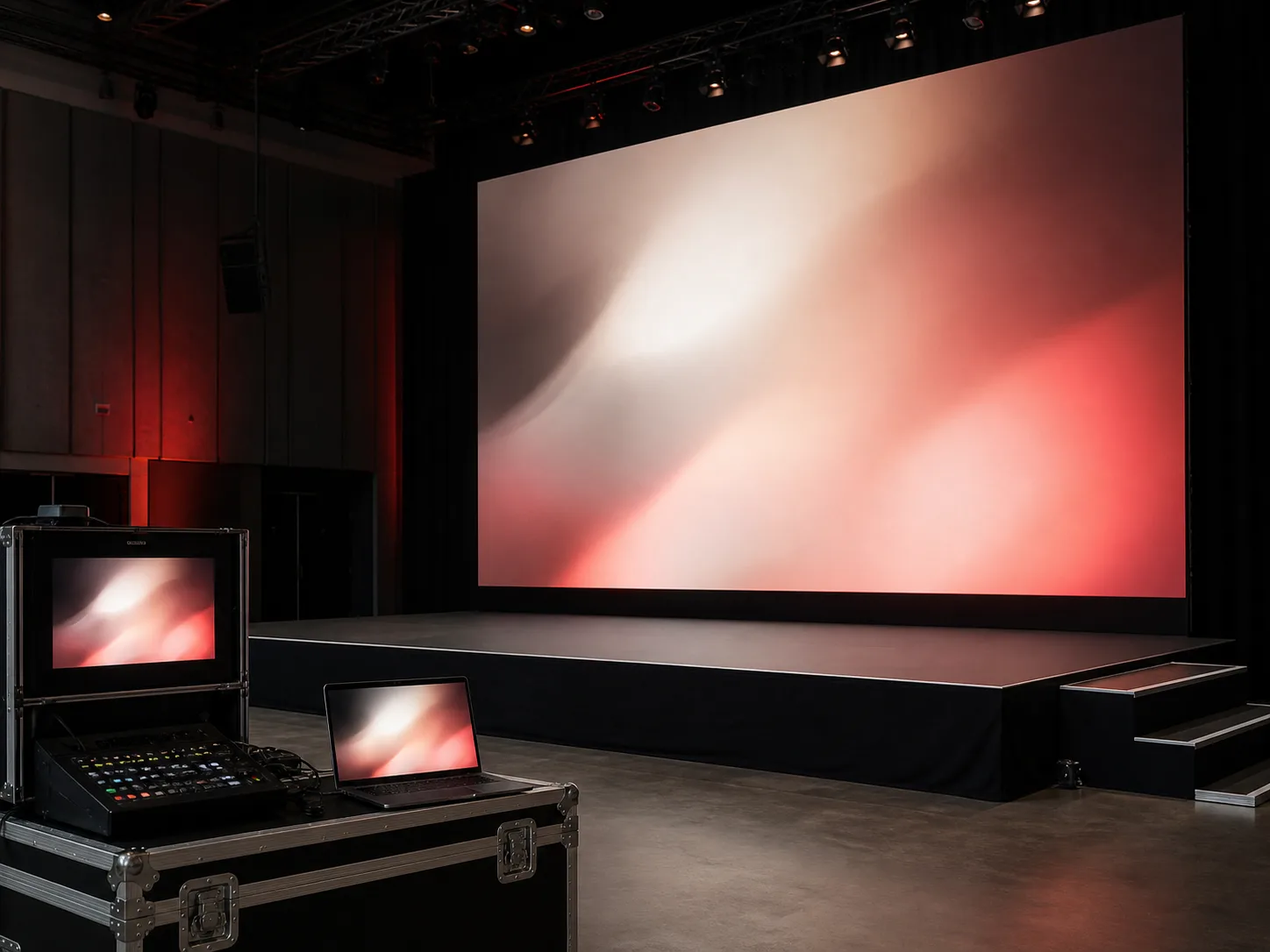 Large event screen with a video switcher and laptop