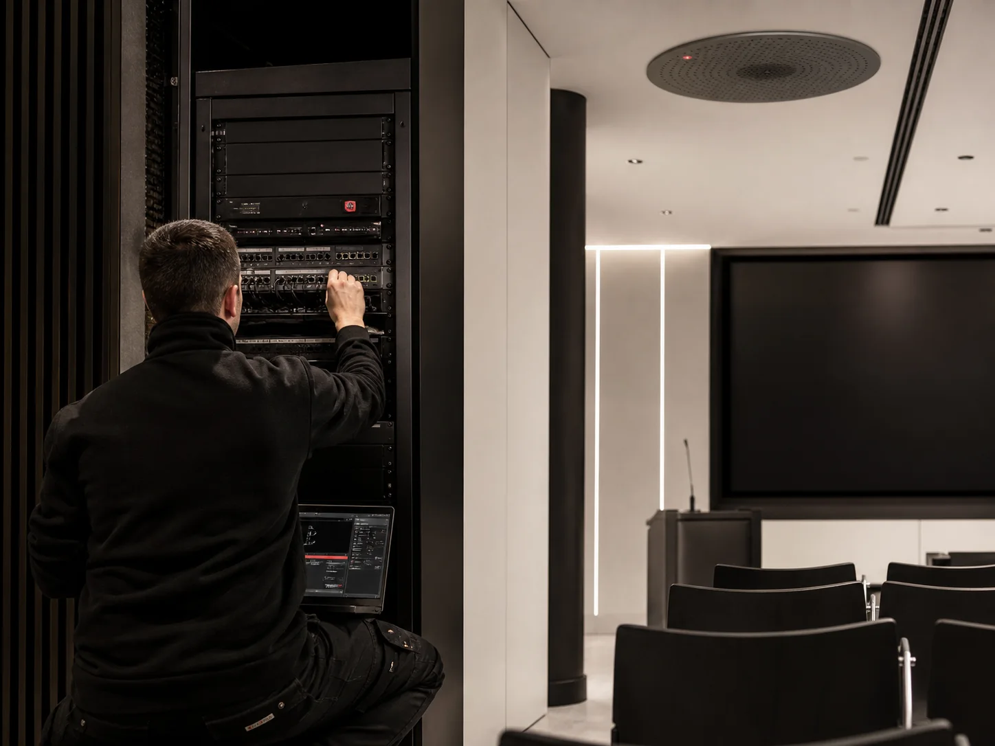 AV technician commissioning a control rack in a presentation room