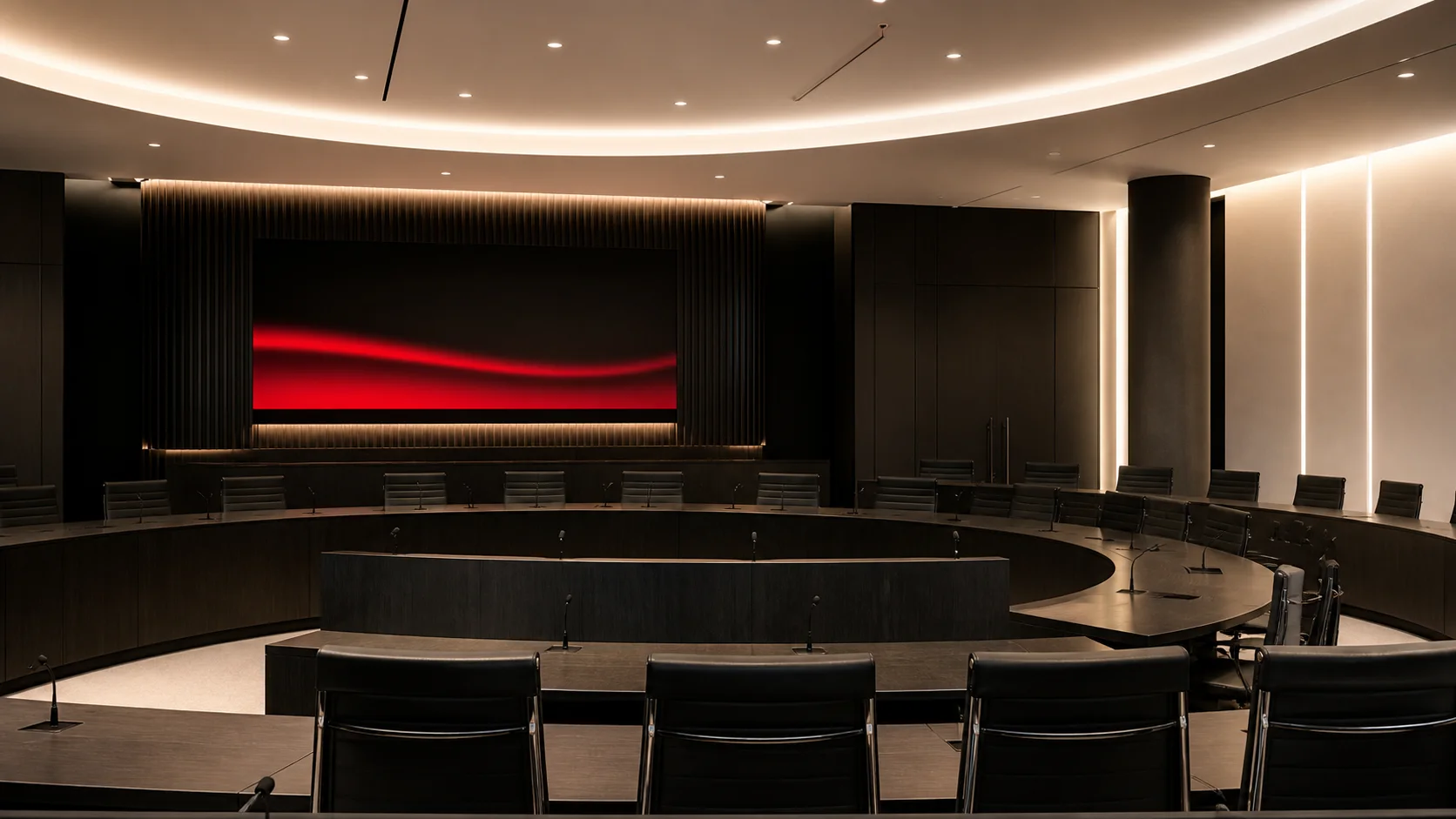 Finished commercial AV room with an integrated red display