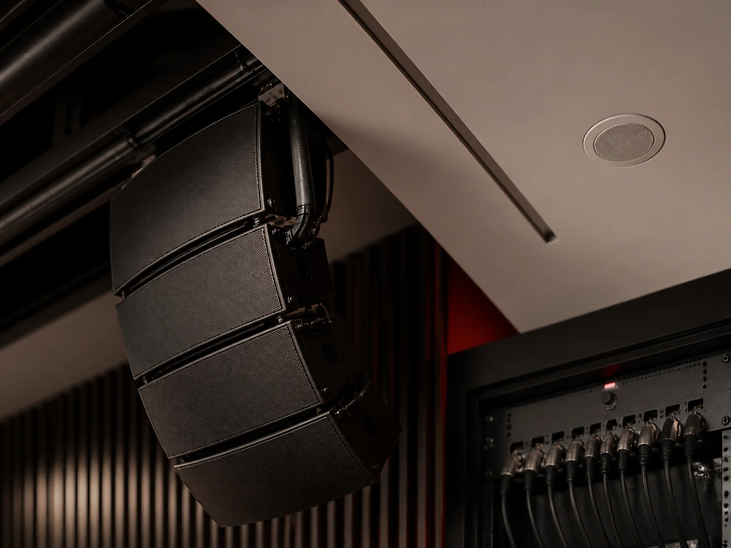 Installed speaker, ceiling microphone and signal rack detail